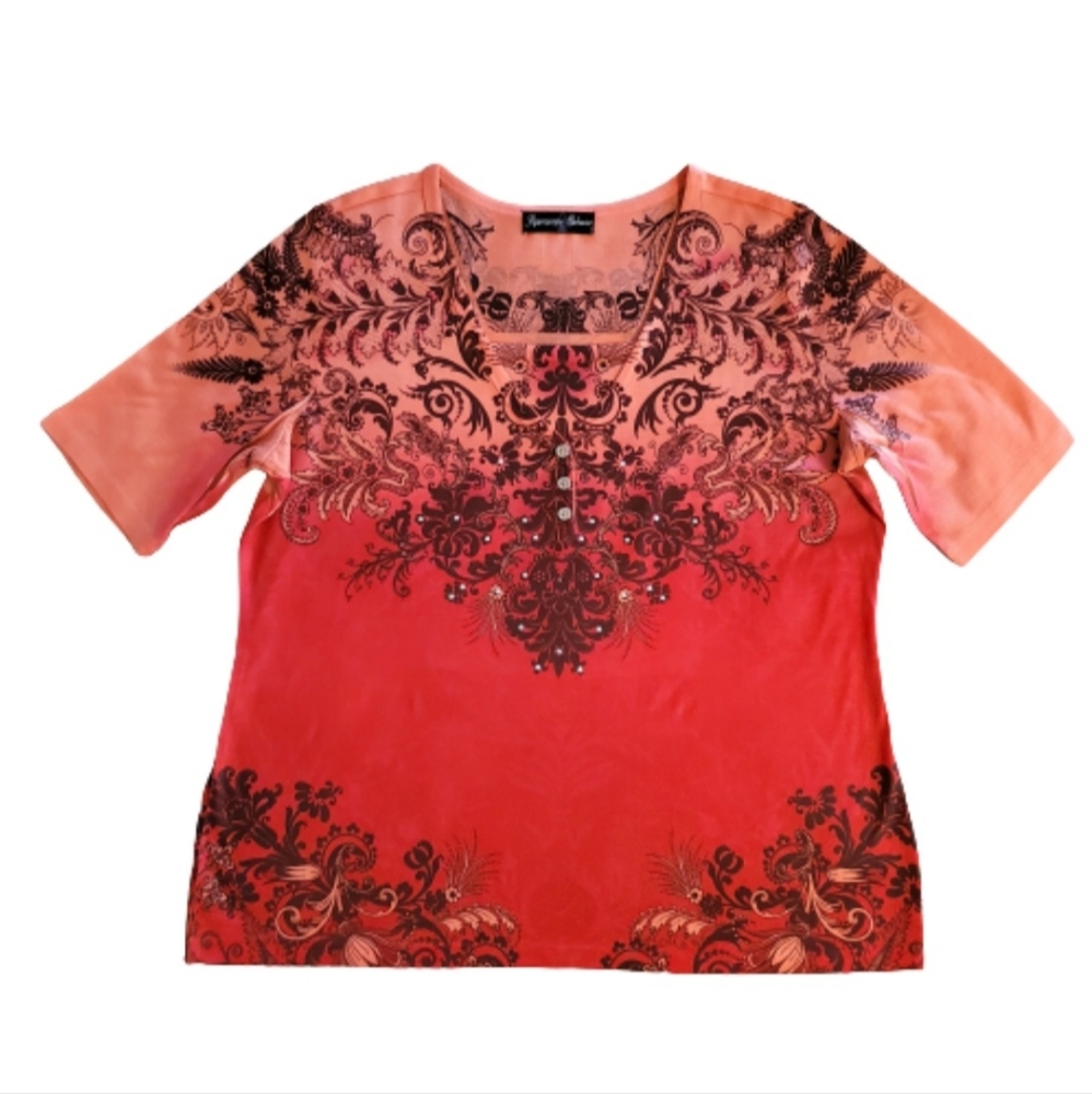 Womens EUC Ombre Top Peach to Red, Sz 1X Half-Sleeves, Dye Sublimation